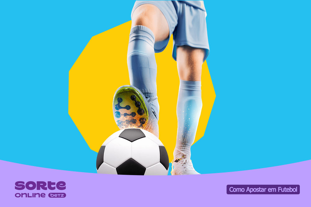 Pernas de jogador de futebol, pisando em uma bola sobre fundo azul e amarelo. Sorte Online Betz apresenta como apostar em futebol.