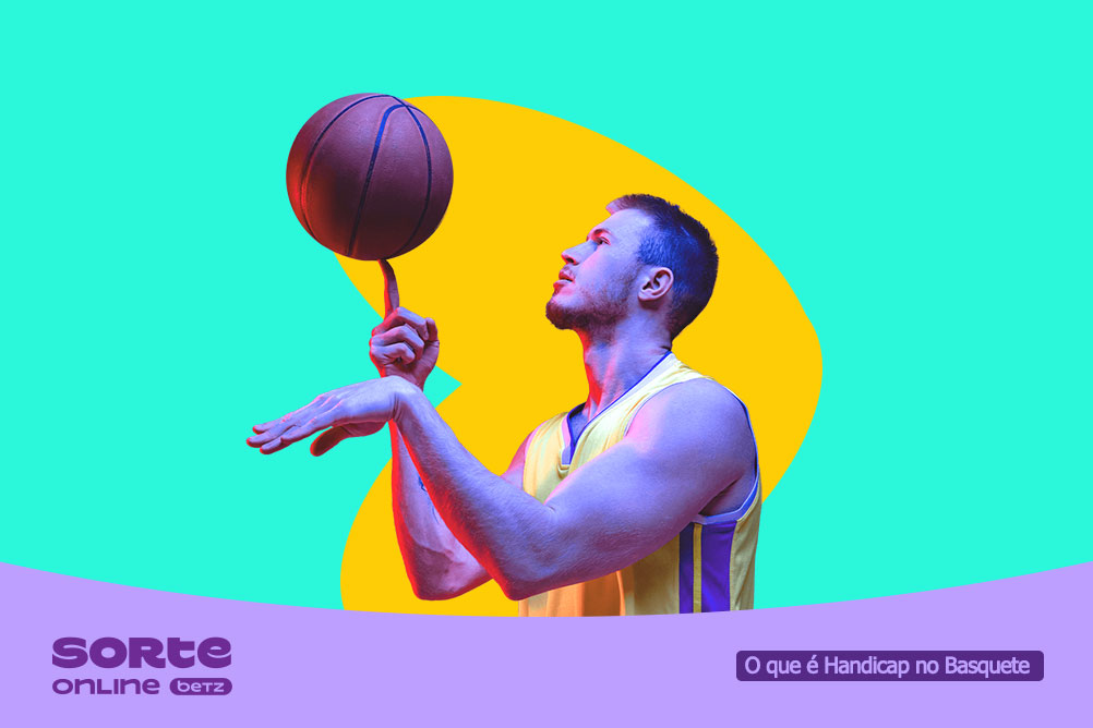 Jogador de basquete equilibra bola no delo sobre fundo azul claro e amarelo. Sorte Online Betz explica como funciona aposta handicap no basquete.