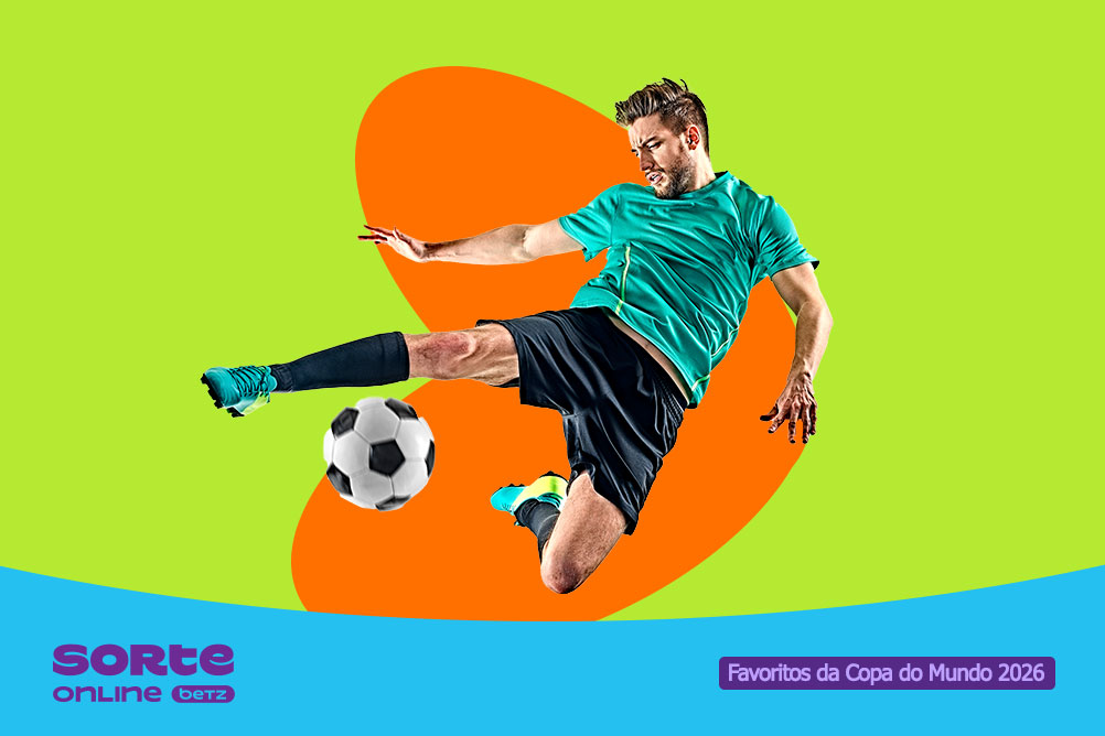 Jogador de futebol chutando uma bola no ar sobre fundo verde e laranja. Sorte Online Betz apresenta as odds dos países favoritos a ganhar a Copa do Mundo 2026.