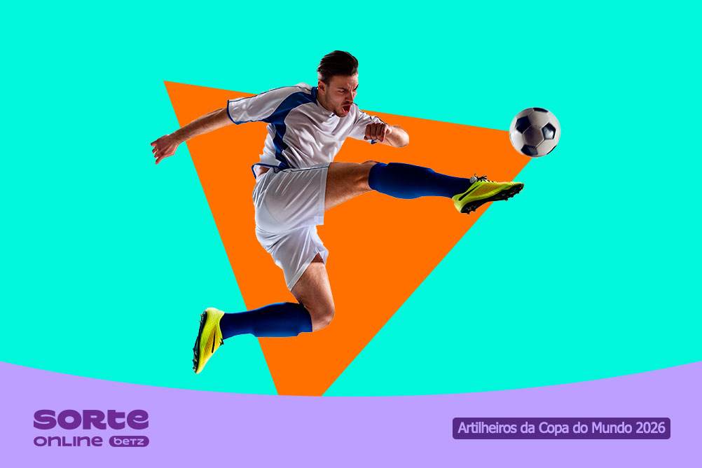 Jogador de futebol chutando a bola sobre fundo azul e laranja. Sorte Online Betz analisa quem será o melhor artilheiro da Copa para apostas.