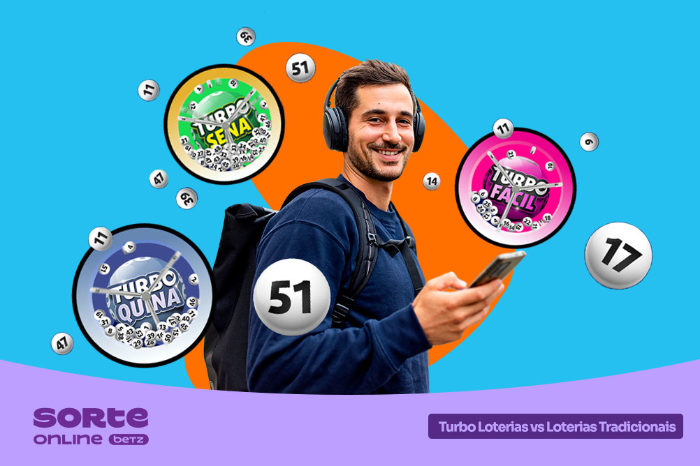 Homem com celular na mão, mochila nas costas, símbolos das Turbo Loterias ao redor e números de sorteio ao redor. Sorte Online Betz compara as Turbo Loterias e as Loterias Tradicionais.