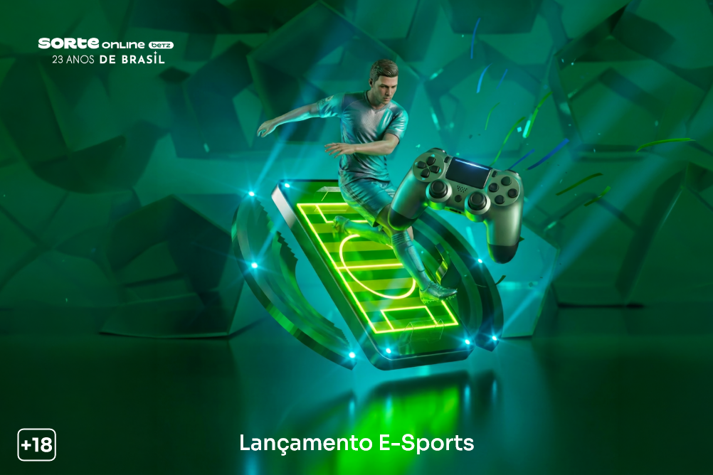 Controle de videogame em frente ao avatar online de um jogador vestido de verde, sobre um campo de futebol virtual. Sorte Online Betz oferece apostas em e-futebol.