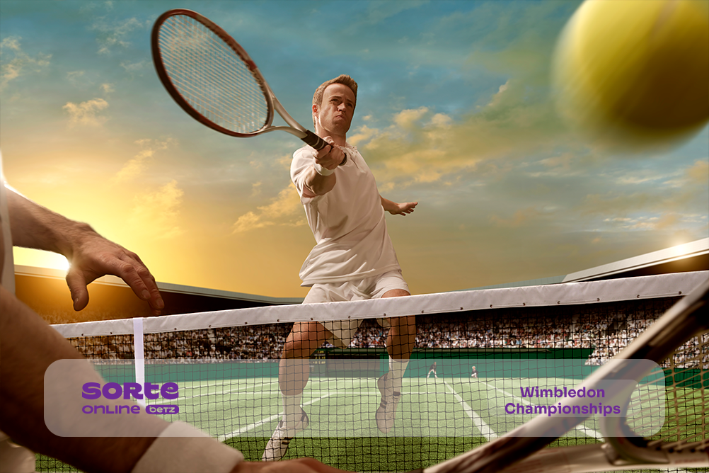 Tenista rebatendo uma bola no ar, atrás de rede, braços do adversário aparecendo em partes no canto da imagem. Sorte Online Betz apresenta apostas no Wimbledon.