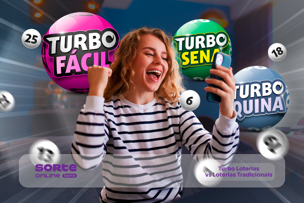 Mulher de cabelos cacheados, sorridente a olhar para o celular, logo das Turbo Loterias ao fundo e bolas de sorteio. Sorte Online Betz mostra as diferenças entre as Turbo Loterias e a Loteria tradicional.