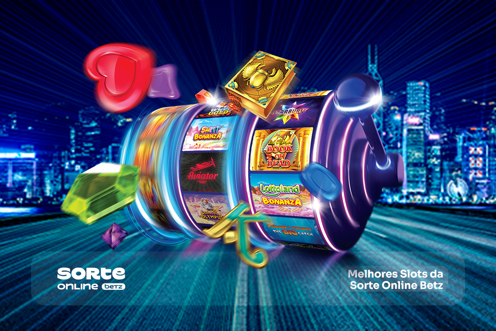 Bobina de máquina de slot com símbolos saltando em torno da máquina, sobre cidade iluminada ao fundo. Sorte Online Betz apresenta os melhores slots online.