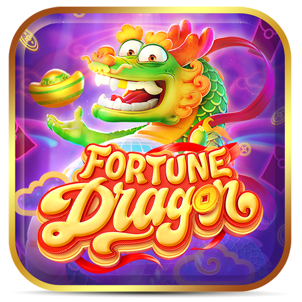Dragão animado de cor verde sobre fundo lilás neon, inscrição -Fortune Dragon- no centro inferior da imagem, em amarelo e vermelho.