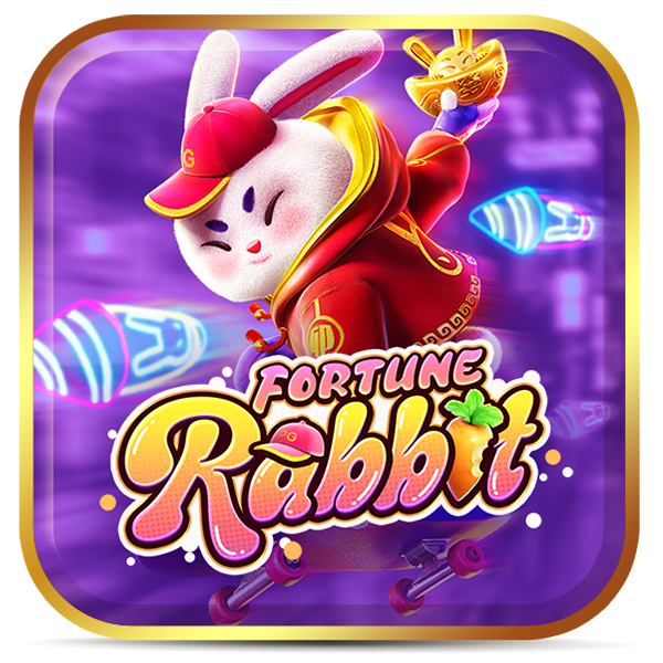 Coelho branco em um skate, vestindo blusão vermelho e um símbolo dourado na pata, sobre fundo neon roxo. Inscrição -Fortune Rabbit- no centro inferior da imagem.