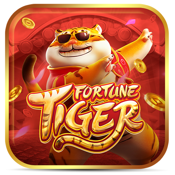 Tigre de traje Tang vermelho aberto, usando óculos escuros, sobre fundo com arquitetura chinesa clássica.  Inscrição -Fortune Tiger- em dourado no centro inferior da tela.