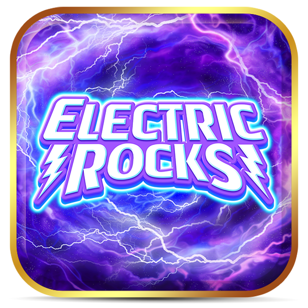 Inscrição -Electric Rocks- em azul e roxo neon, nuvem roxa escura cercada de raios azuis e lilases circulares ao fundo.