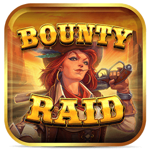Pistoleira ruiva, mascando um palito de dentes, pistola apoiada no ombro, sendo iluminada pelo fundo. Palavra -Bounty- no topo e -Raid- abaixo, ambas em dourado.