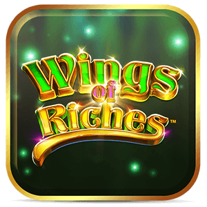 Texto Wings em verde neon e Riches em amarelo brilhante em fundo escuro. Pontinhos de luz verde flutuando ao redor.