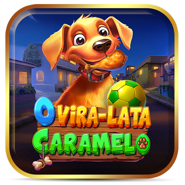 Cachorro dourado com olhos grandes, usando coleira vermelha brilhando sobre fundo azul noturno. Bola de futebol verde-amarela. Palavras em azul, amarelo e verde.
