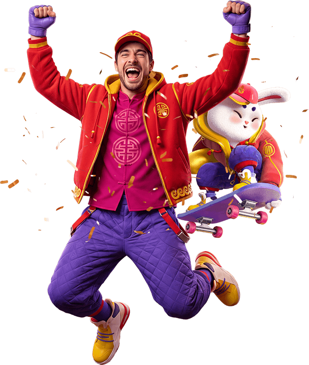 Imagem representando um ganhador Sorte Online Betz comemorando com os braços levantados ao lado de um coelho em um skate referente ao slot Fortune Rabbit.