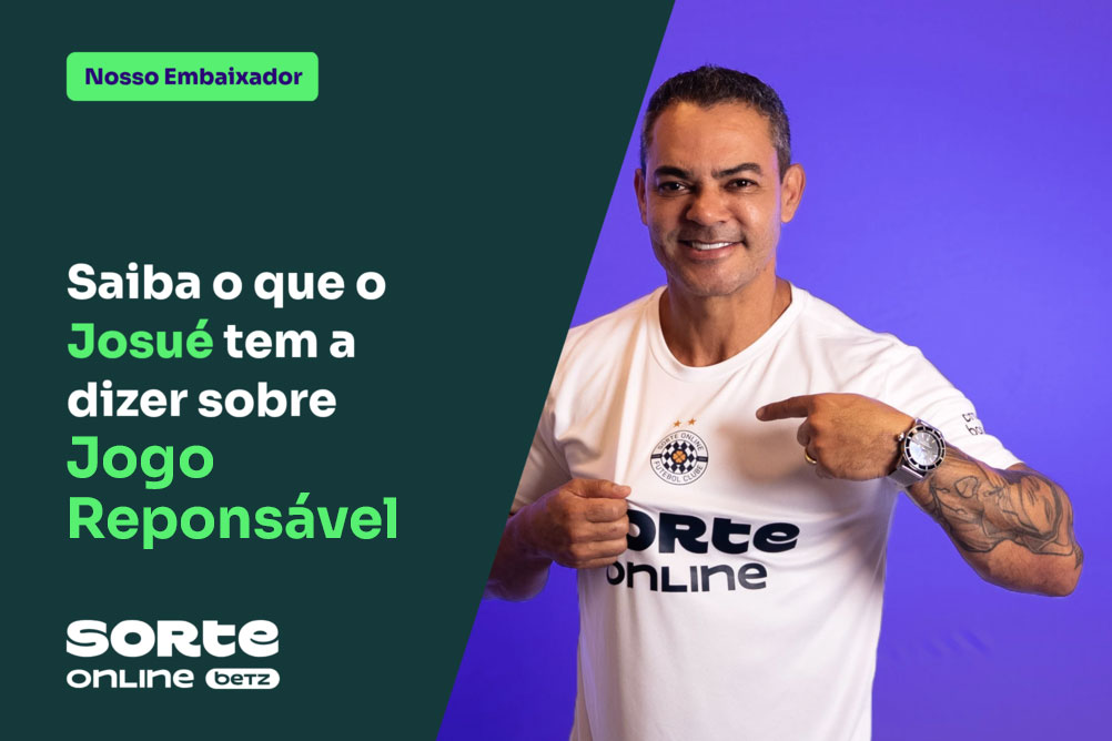 Embaixador Josué, com a camisa da Sorte Online, sobre um fundo roxo. Sorte Online Betz apresenta recomendações de Josué sobre como apostar com responsabilidade.