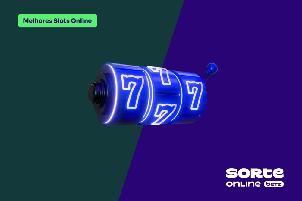 Plano de fundo dividido em duas cores, verde-escuro e roxo, ao centro, uma bobina de slot, no canto inferior direito, a logo da Sorte Online Betz, no extremo oposto, o tema do artigo "Melhores Slots Online".
