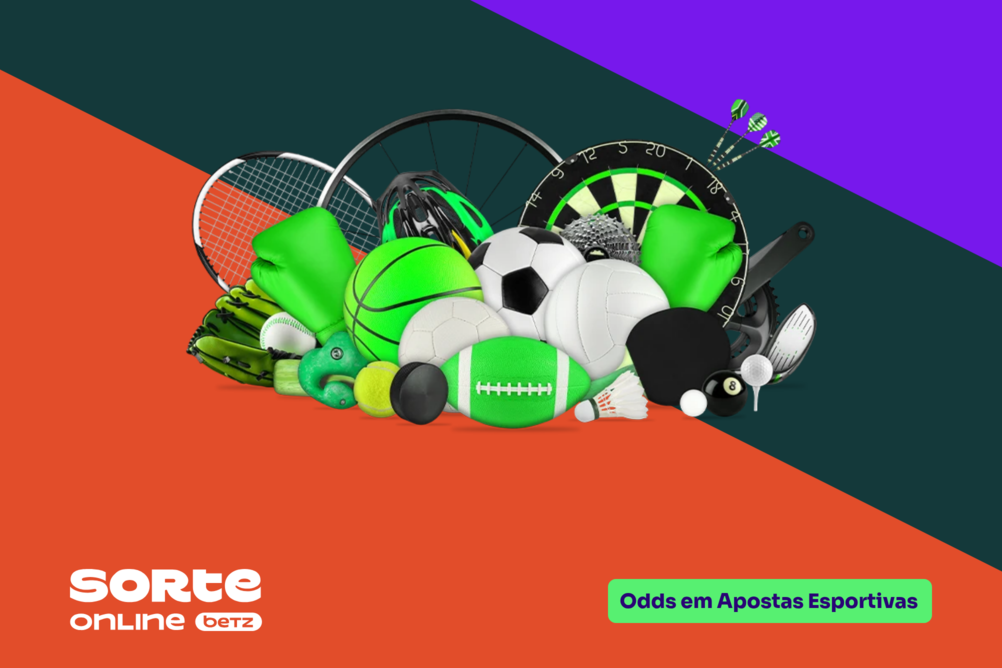 Fundo dividido diagonalmente em três cores, laranja, verde-escuro e roxo. Ao centro, um item representando cada modalidade esportiva disponível na Sorte Online Betz, logo da plataforma no canto inferior esquerdo e o tema do artigo no canto inferior direito: " Odds em Apostas Esportivas".