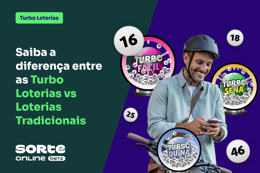 Imagem dividida em duas cores de fundo. À direita, roxo, homem com capacete de ciclista usando celular, cercado pelos logos das Turbo Loterias. À esquerda, verde-escuro, texto "Saiba a diferença entre as Turbo Loterias vs Loterias Tradicionais" e a logo Sorte Online Betz.