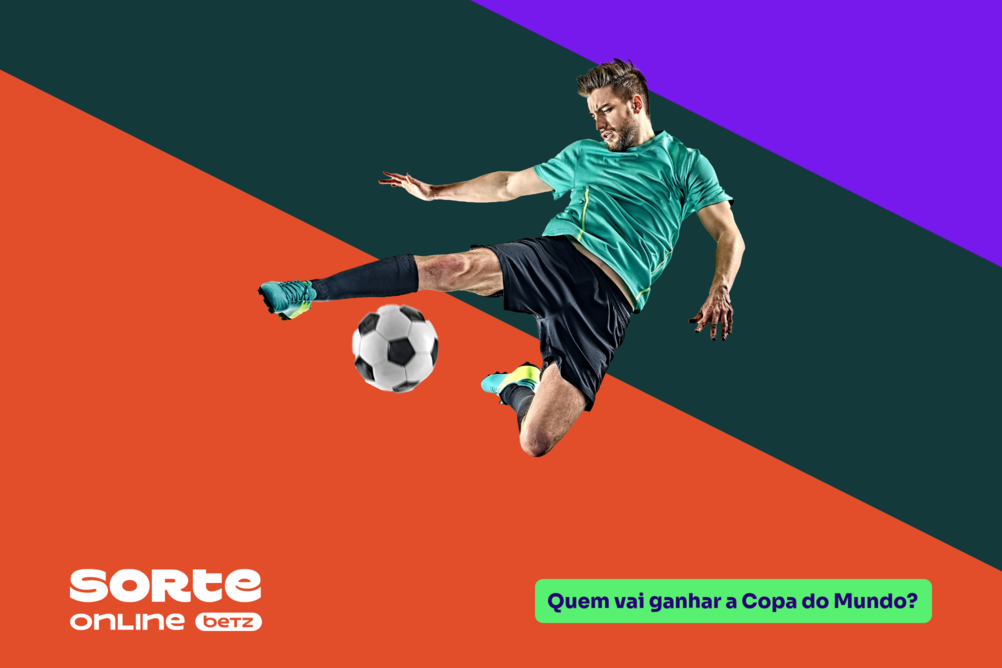 Fundo dividido diagonalmente em três cores, laranja, verde-escuro e roxo. Ao centro, um jogador fazendo uma bicicleta, logo Sorte Online Betz no canto inferior esquerdo e o tema do artigo à direita "Quem vai ganhar a Copa do Mundo?".
