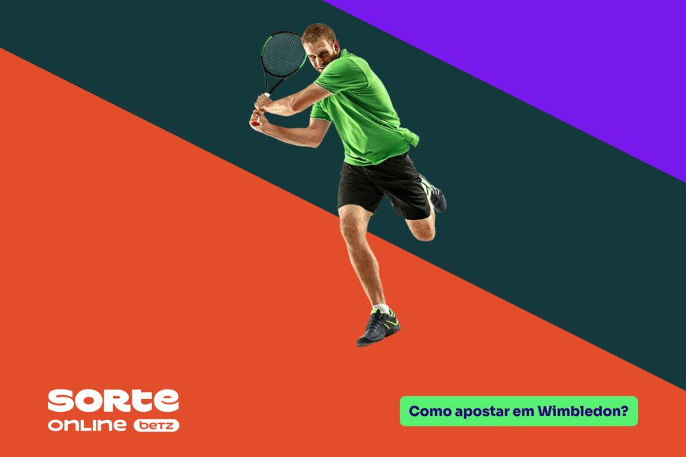 Fundo dividido diagonalmente em três cores, laranja, verde-escuro e roxo. Ao centro, um tenista se preparando para rebater, logo Sorte Online Betz no canto inferior esquerdo e o tema do artigo à direita "Como apostar em Wimbledon?".