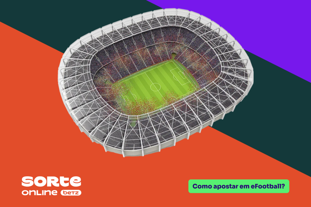 Fundo dividido diagonalmente em três cores, laranja, verde-escuro e roxo. Ao centro, um estádio de futebol, logo Sorte Online Betz no canto inferior esquerdo e o tema do artigo à direita: "Como apostar em eFootball?".