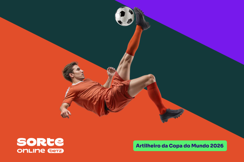 Fundo dividido diagonalmente em três cores, laranja, verde-escuro e roxo. Ao centro, um jogador fazendo uma bicicleta, logo Sorte Online Betz no canto inferior esquerdo e o tema do artigo à direita: "Artilheiro da Copa do Mundo 2026".