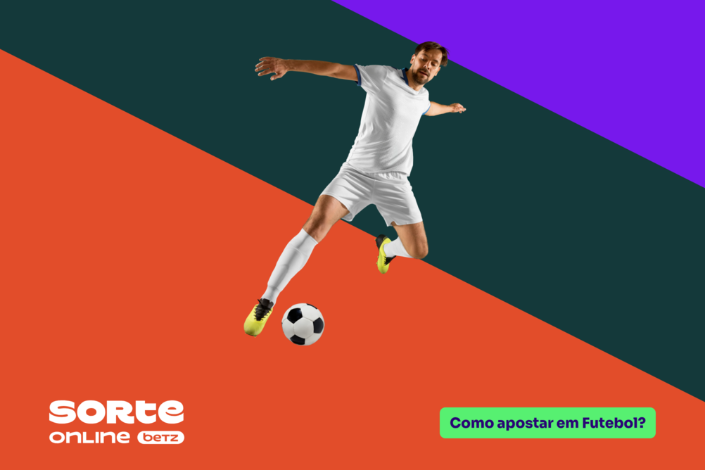Fundo dividido diagonalmente em três cores, laranja, verde-escuro e roxo. Ao centro, um jogador de futebol fazendo um passe; logo Sorte Online Betz no canto inferior esquerdo; e o tema do artigo à direita: "Como apostar em Futebol?".