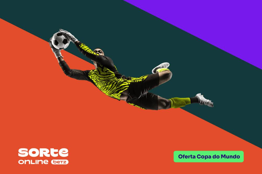 Fundo dividido diagonalmente em três cores, laranja, verde-escuro e roxo. Ao centro, um goleiro pegando a bola; logo Sorte Online Betz no canto inferior esquerdo; e o tema do artigo à direita: "Oferta Copa do Mundo".