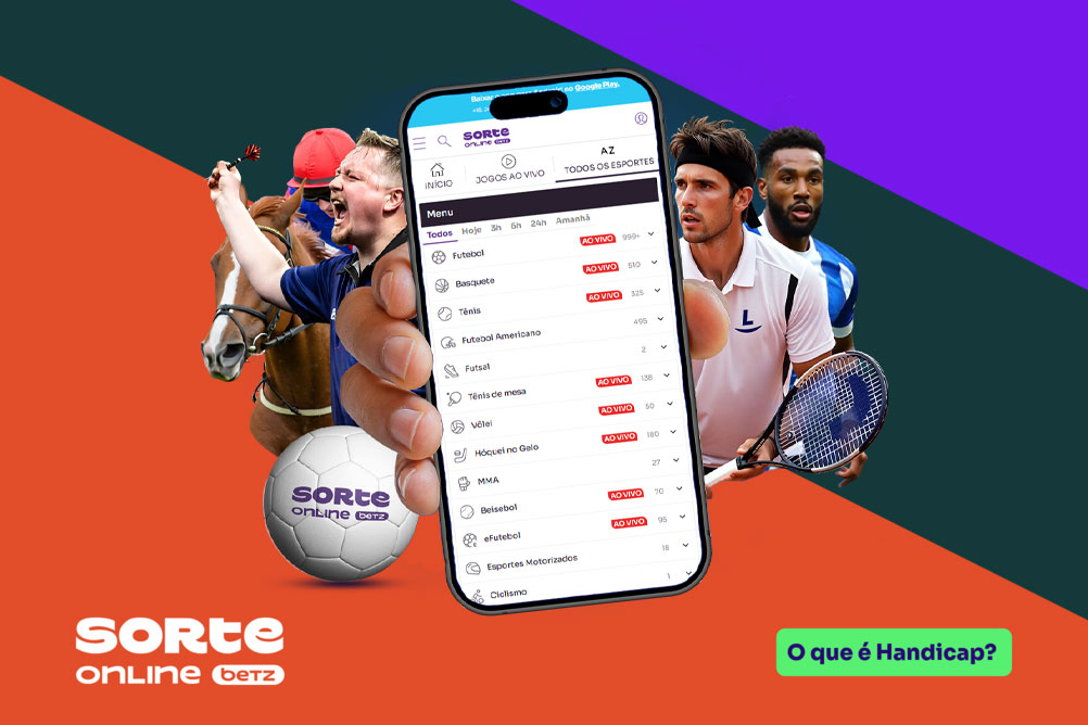 Fundo dividido diagonalmente em três cores, laranja, verde-escuro e roxo. Ao centro, atletas de esportes diversos e a página de esportes Sorte Online Betz em um celular; logo da plataforma no canto inferior esquerdo; e o tema do artigo à direita: "O que é Handicap?".