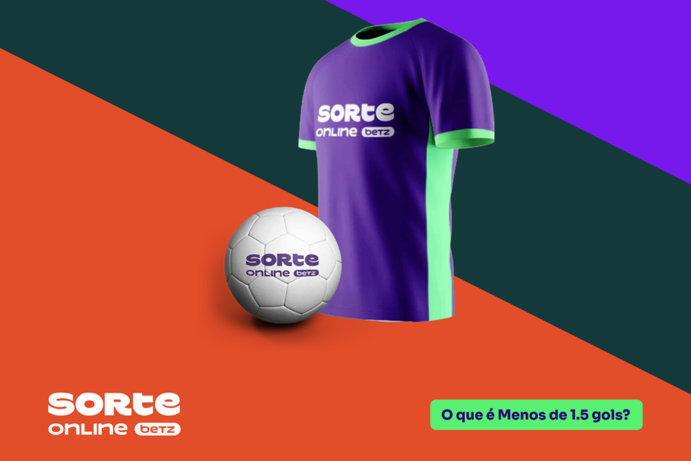 Fundo dividido diagonalmente em três cores, laranja, verde-escuro e roxo. Ao centro, uma camisa esportiva e uma bola de futebol; logo da Sorte Online Betz canto inferior esquerdo; e o tema do artigo à direita: "O que é Menos de 1.5 gols?".