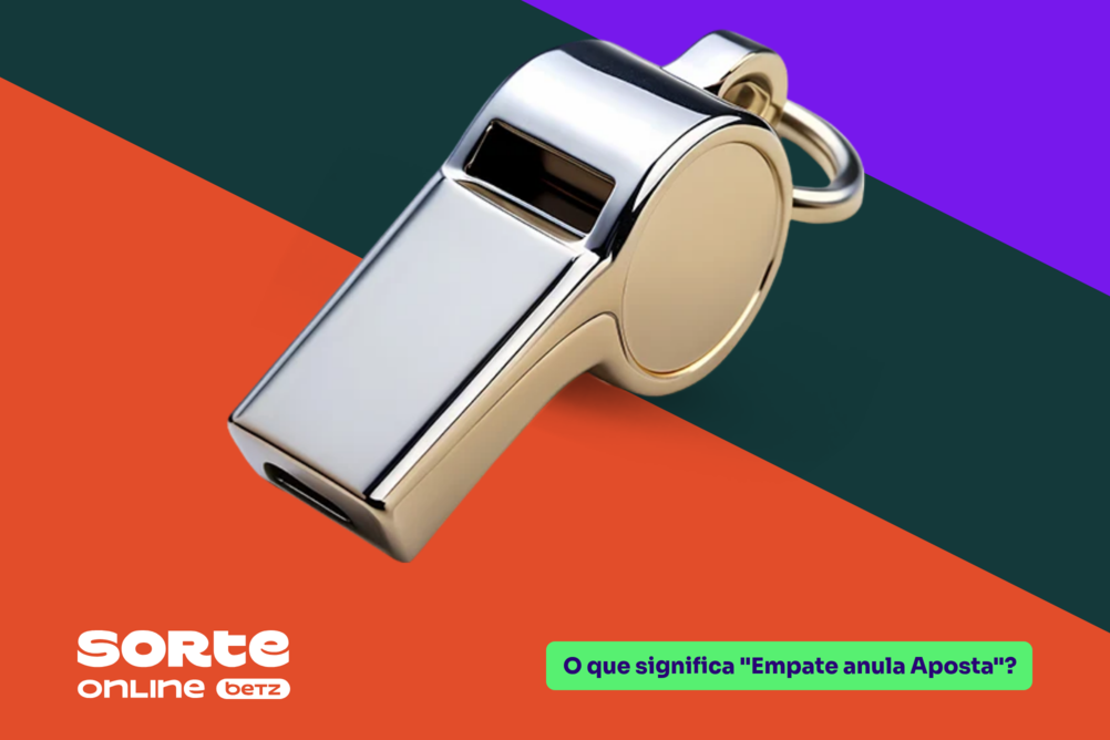 Fundo dividido diagonalmente em três cores, laranja, verde-escuro e roxo. Ao centro, um apito metálico; logo da Sorte Online Betz canto inferior esquerdo; e o tema do artigo à direita: "O que significa 'Empate anula Aposta'?".