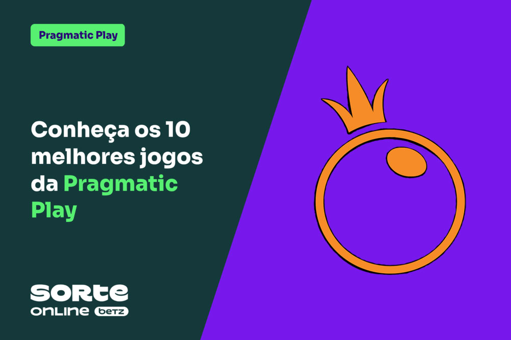 Imagem dividida por linha inclinada, à esquerda, texto 'Conheça os 10 melhores jogos da Pragmatic Play' e logo da Sorte Online Betz sobre fundo verde-escuro. À direita, a logo da Pragmatic Play sobre fundo roxo.