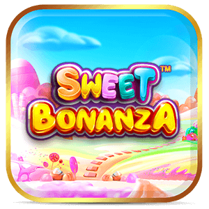 Logo Sweet Bonanza: título colorido em estilo doce sobre fundo com paisagem açucarada.