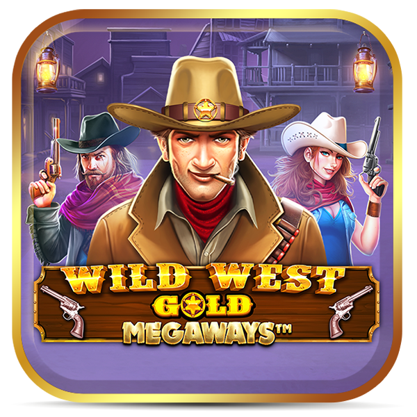 Logo Wild West Gold: três cowboys em cenário do Velho Oeste com lanterna.