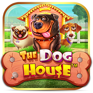 Logo The Dog House: três cães animados em frente de casa com osso grande.