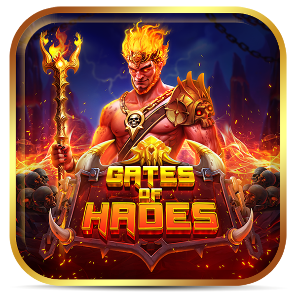 Logo Gates of Hades: figura infernal em chamas com bastão dourado em ambiente infernal.