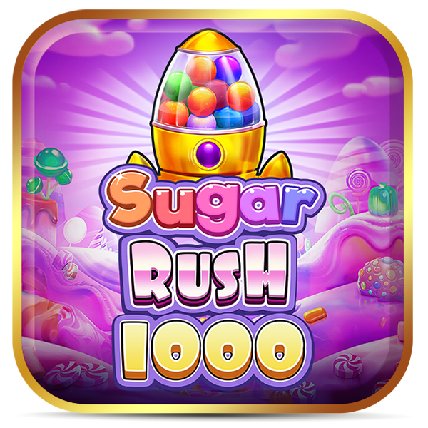 Logo Sugar Rush 1000: máquina de doces coloridos em fundo roxo com efeitos mágicos.