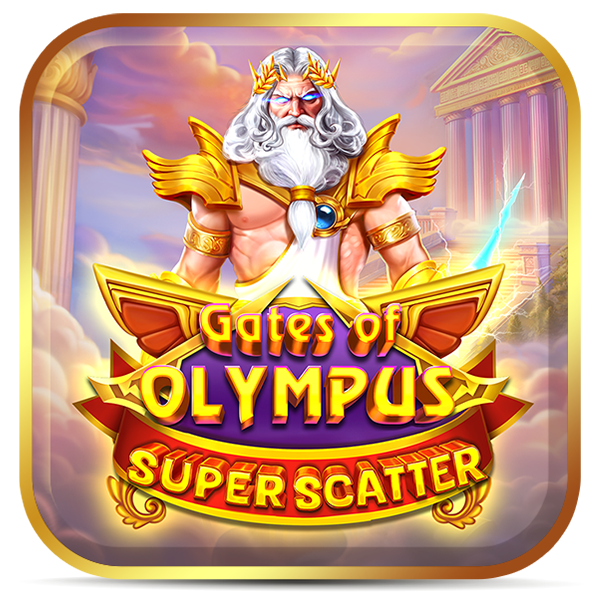 Logo Gates of Olympus Superscatter: deus com barba branca e coroa em templo dourado.